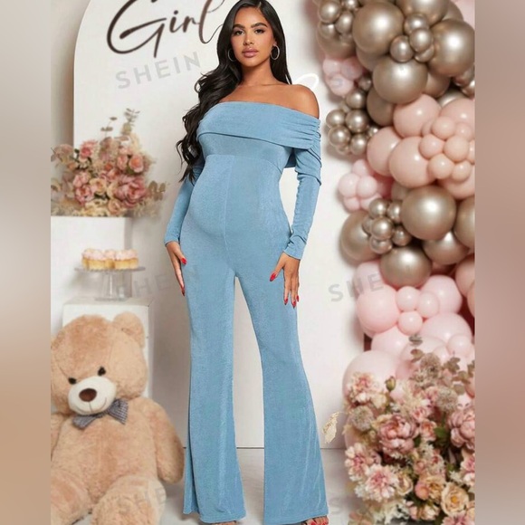 Maternity off the shoulder flare leg jumpsuit - Picture 4 of 6